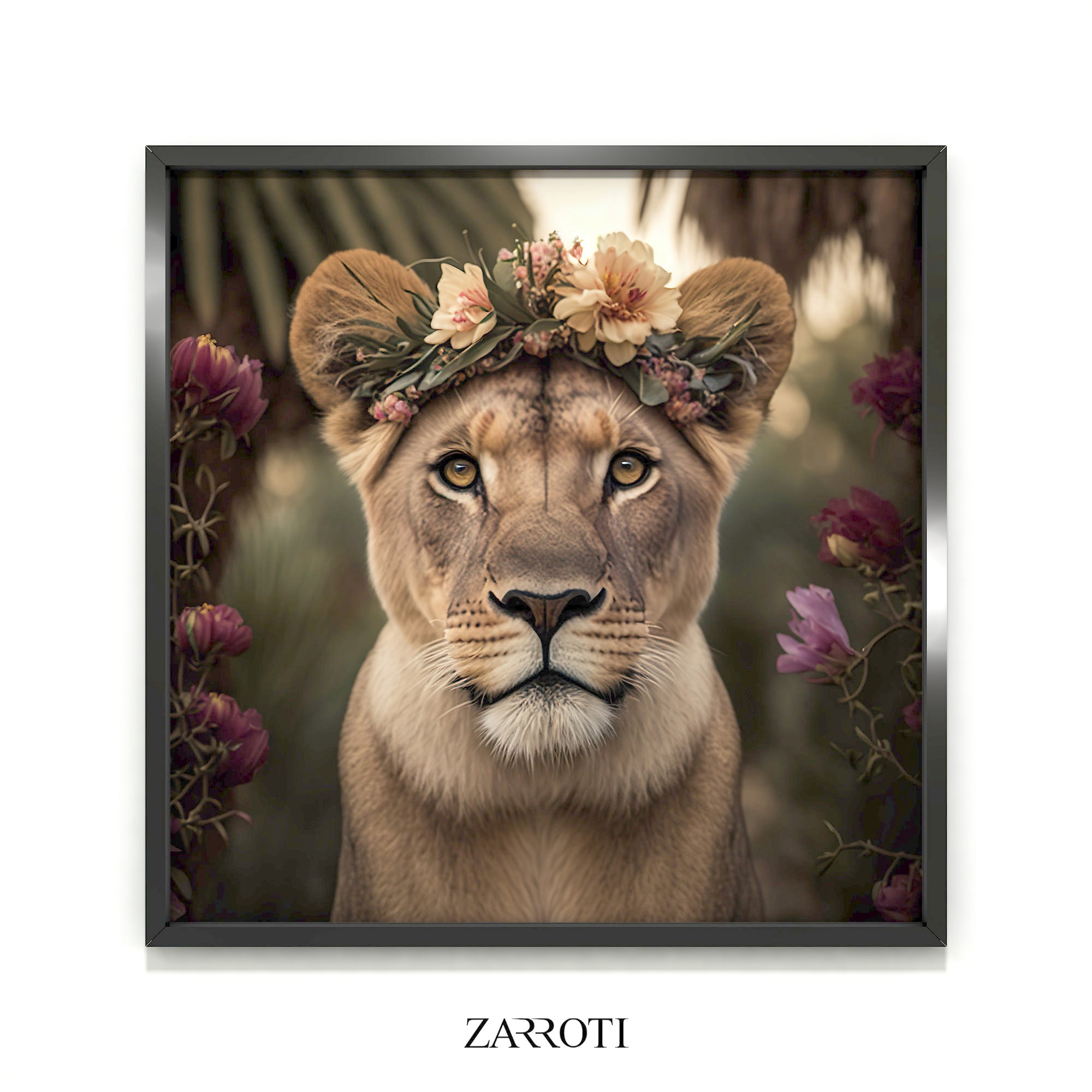 Lioness Flower Crown Print, Modern Lion Poster, Jungle Animal