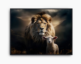 Lew i Baranek do druku Wall Art, Bóg Wall Art, Lew Judy, Jezus Print Art Download, Lew i Baranek Instant Download
