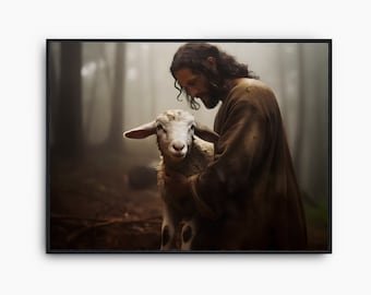 Jesus And Lamb Art Instant Download, Jesus Print, Christian Wall Art, God Poster, Jesus and Lamb Printable Wall Art, Jesus Bible Wall Art