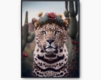 Flower Leopard Poster Print, Leopard Flower Instant Download, Floral Leopard Printable Wall Art, Jungle Printable Art, Leopard Photo Print
