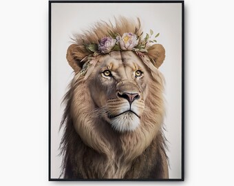 Lion Flower Crown Art, Lion Flower Poster Print, Lion Floral Printable Wall Art, Lion Flowers Instant Download, Lion Modern Wall Art Decor