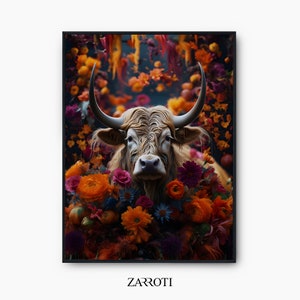 Może przedstawiać: Biało-brązowy byk z długimi rogami otoczony jest żywym układem pomarańczowych, czerwonych i fioletowych kwiatów. Głowa byka znajduje się w centrum obrazu i patrzy bezpośrednio na widza.