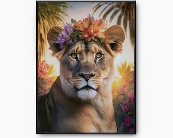 Lioness Flowers Print, Modern Lion Canvas Print, Lioness Flowers Printable Art, Lioness Photo, Lion Lover Gift Print, Lion Instant Download