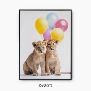 Lions Balloon Nursery Wall Art, Lion Nursery Decor, Baby Animal Decor, Nursery Wall Art, Baby Lion Balloon Printable Wall Art, Baby Lions