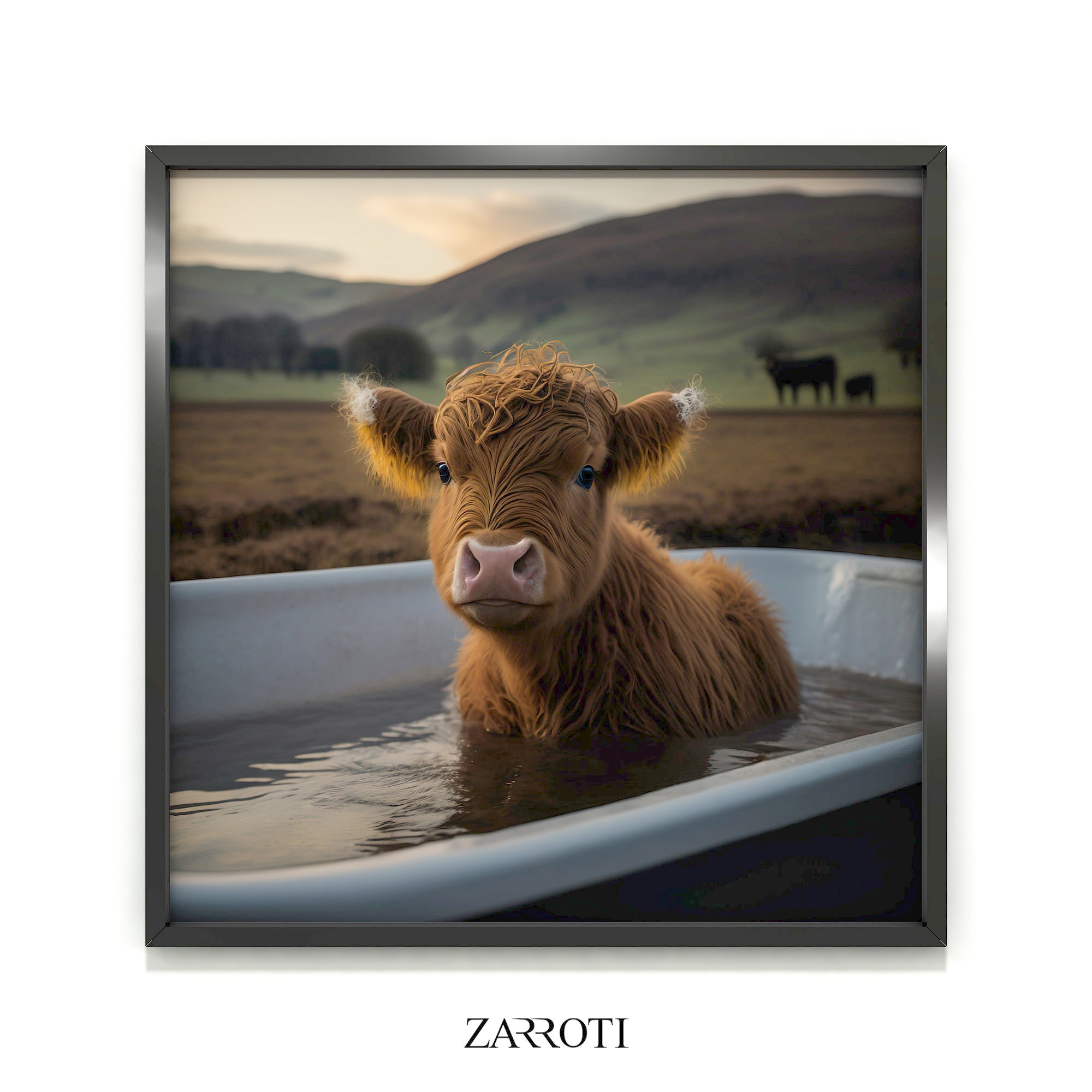 Baby Highland Cow Calf in Tub, Cattle Wall Art Print, Cute Highland Cow