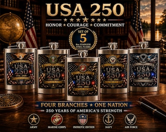 USA 250 Flask Set of 5 | Army, Navy, Marine Corps, Air Force & Patriotic Edition | 8oz Stainless Steel Military Gift Collection