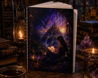 Enchanted Storyteller Notebook Spiral Notebook | Fantasy Castle Night