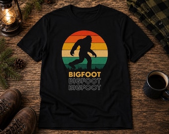 Retro Bigfoot T-Shirt | Vintage Sasquatch Graphic Tee | Camping Adventure Shirt | Outdoor Nature Lover Gift
