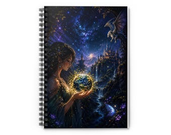 Fantasy Sorceress Holding Glowing Earth Spiral Notebook | Ruled Journal