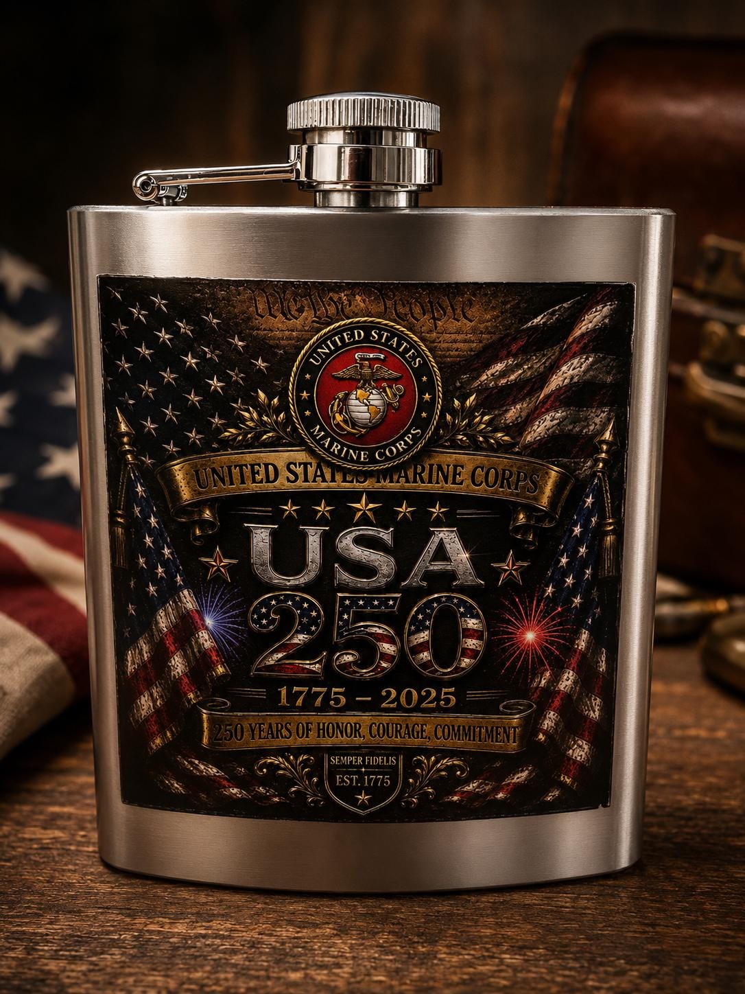 Discover United States Marine Corps 250th Anniversary Flask | 8oz Stainless Steel USA 250 Commemorative Gift | Marine Veteran Patriotic Whiskey Flask