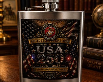 United States Marine Corps 250th Anniversary Flask | 8oz Stainless Steel USA 250 Commemorative Gift | Marine Veteran Patriotic Whiskey Flask