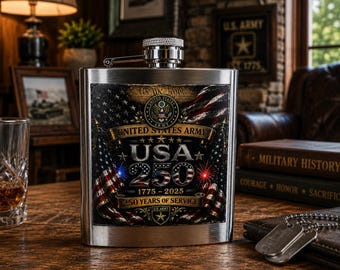USA 250 Army Flask | 250 Years of Service | 8oz Stainless Steel Hip Flask | U.S. Army Veteran Gift | Patriotic Military Keepsake