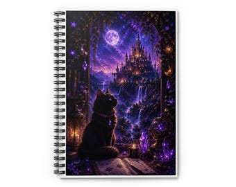 Black Cat Nightscape Spiral Notebook | Fantasy Castle Moon Ruled