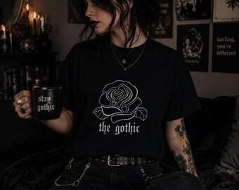 Weiches Gothic Shirt für Frauen, Gothic Rose T-Shirt, Alternative Mode Kleidung, Dark Academia Aesthetic Graphic Tee