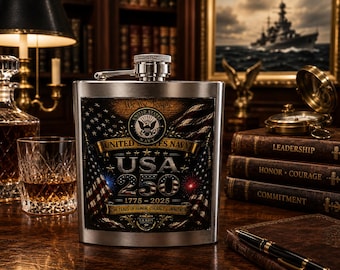 United States Navy 250th Anniversary Flask | 8oz Stainless Steel USA 250 Hip Flask | Patriotic Navy Veteran Gift | Military Whiskey Flask