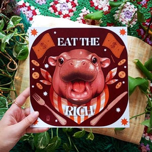 Niedliches Moo Deng-Poster „Eat the rich“ Kunst-Nilpferd-Illustration für Tierliebhaber. Lustiges Moo Deng-Wandkunst-Antikapitalismus-Poster für Zuhause