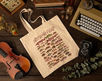 Nichts Fischige Einkaufstasche | Für Fischliebhaber 100 % Baumwolltasche | Original-Kunstwerk | Angelstil | Bass-Einkaufstasche | Goldfisch