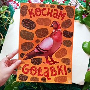 Póster I Love Doves Polonia, paloma de cocina, ilustración para el comedor, decoración de pared para un amante de los pájaros, póster polaco con texto divertido
