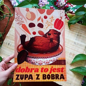 Poster Buona zuppa di castoro Cucina polacca Illustrazione di castoro per la sala da pranzo Decorazione da parete per l'amante della zuppa Poster polacco con scritta divertente