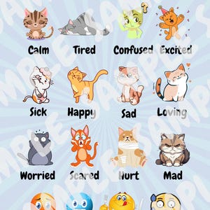 Può includere: Un poster con il testo "I am feeling..." sopra una griglia di immagini di cartoni animati. Le immagini includono gatti e facce in stile emoji, ognuna raffigurante un'emozione diversa come calmo, stanco, felice e affamato.