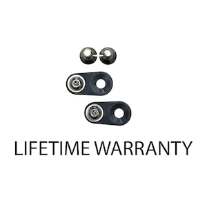 May include: Two black plastic strap loops with metal eyelets and two silver metal screws.  The text "LIFETIME WARRANTY" is printed below the loops.