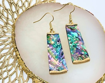 Multicolor & Gold Abalone Glass Drop Earrings | Purple Iridescent Trapezoid Earrings with Abalone Shell Inlay | Hypoallergenic Earring Wire