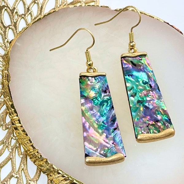 Multicolor & Gold Abalone Glass Drop Earrings | Purple Iridescent Trapezoid Earrings with Abalone Shell Inlay | Hypoallergenic Earring Wire