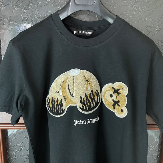 Palm Angels Zwart T shirt Met Pluche Borduursel Beer X Eyes Maat