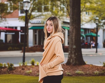 Cardigan Wrap, with hood, thumbholes and pockets-Camel