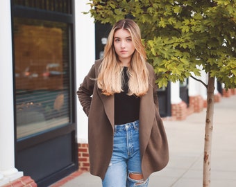 Cardigan Wrap with pockets, hood, and thumbholes,-Olive