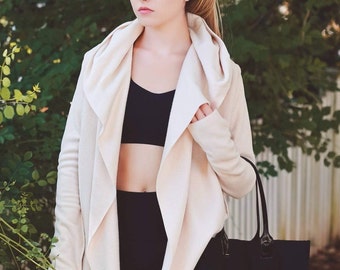 Cardigan Wrap, with hood and thumbholes-Cream