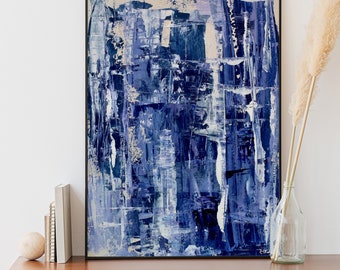 Blue Abstract Acrylic Painting on Canvas, Modern Wall Art