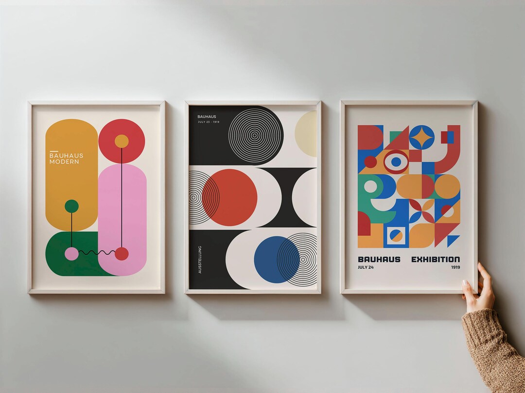 Set of 3 Framed Bauhaus Poster Prints, Modernist Wall Art, Geometric ...