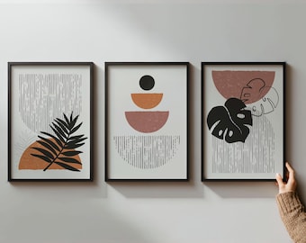 Set of 3 Framed Botanical Wall Art, Monstera Palm Leaf Print, Boho Wall Decor, Abstract Terracotta Art Set, Jungalow Living Room Decor