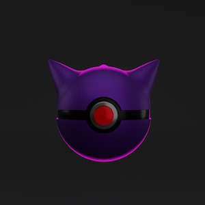 May include: A purple and black Poke Ball with a red button and two pointy ears.