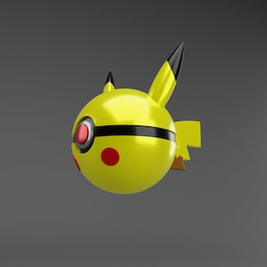 May include: A yellow and black 3D printed toy shaped like a Pikachu, a popular cartoon character. The toy has a round body with a black stripe and red eyes.