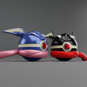 May include: Two round, cartoon-like characters with large eyes and a single red eye. The character on the left is blue with a pink scarf and white wings. The character on the right is black with a red scarf and white wings.