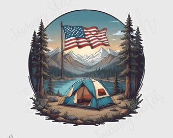 4th of July Camping American flag Camp PNG Sublimation design clipart print files Digital Download Printable Camping Travel Adventure