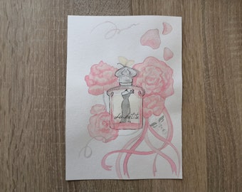 Эскиз духов акварелью, духи и цветы акварелью, акварельный рисунок роз ACEO, акварельные флаконы духов, 5,8x8,3 дюйма