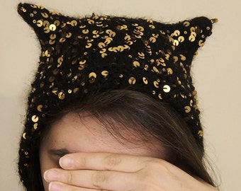 Winter woman beanie, Knit cat hat for adults, cat ear hat in gold sequins, cat ear beanie, hat with cat ears, kitty bonnet, Beanie with ears