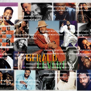 May include: A collage of images featuring the musician Gerald Levert. The images are arranged in a grid pattern and include photos of Levert performing on stage, as well as album covers and logos for his record label, Divergent Mind Studio.