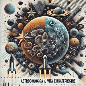 May include: A colourful, abstract illustration of space exploration with a large, blue and gold planet in the centre. The planet is surrounded by stars, planets, and spaceships. The text "ASTROBIOLOGA E VITA EXTRATERRESTRE" is at the bottom of the image.
