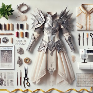 May include: A flat lay image of a silver armor costume with a white fabric dress, sewing supplies, and tools. The image includes a sewing machine, spools of thread, scissors, needles, a measuring tape, and a pattern for the costume. The text "ARTE & COSTUMAY" is visible on a framed piece of paper.