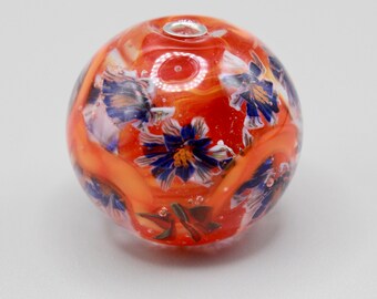 Round Murano Glass Lampwork Bead Art Bead in Orange and Blue Floral Murrines