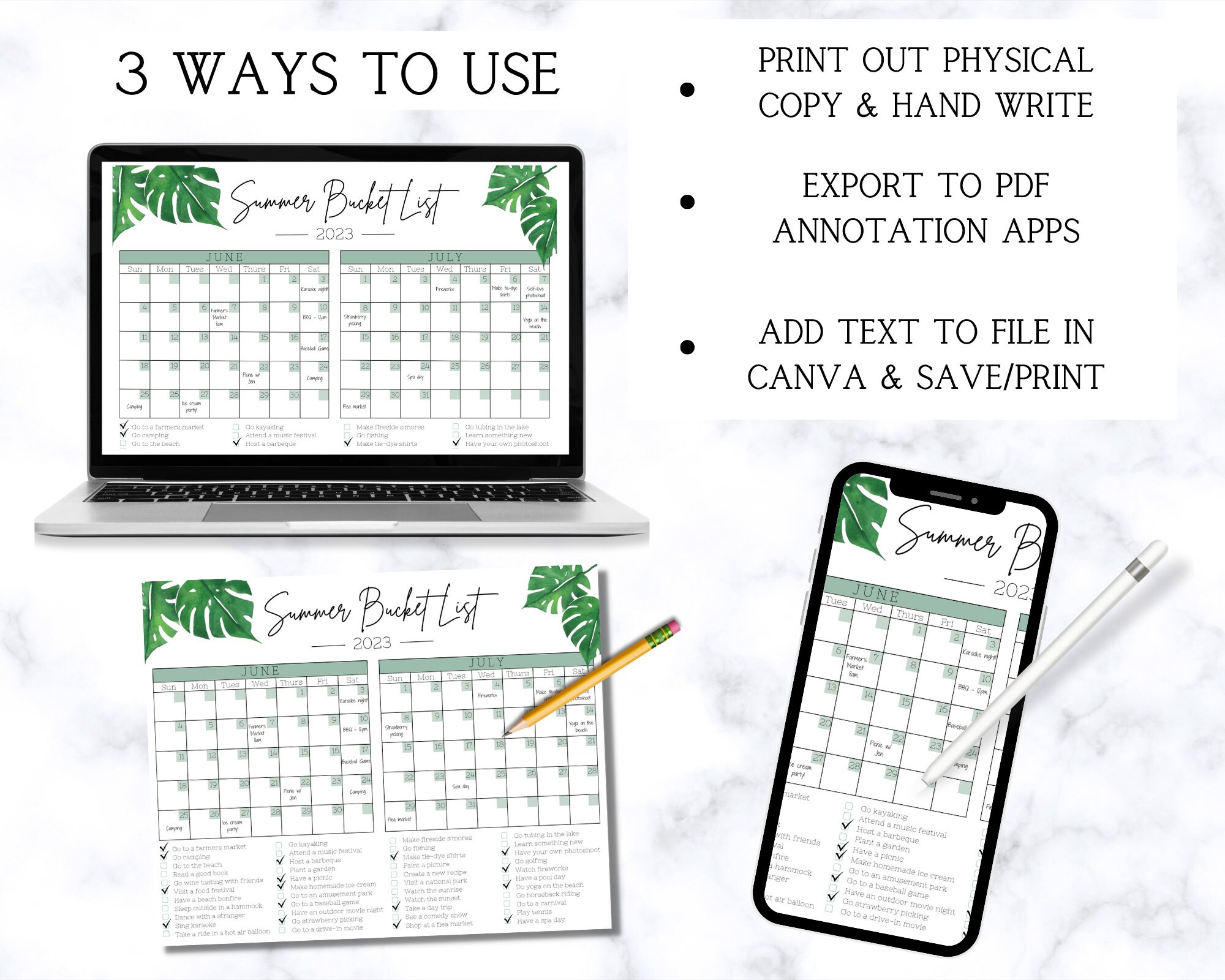 Editable Summer Bucket List Activity Calendar Summer Etsy
