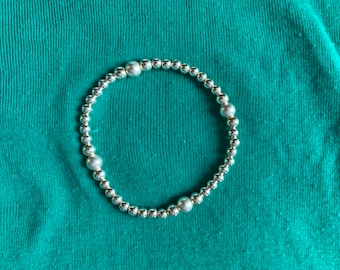 Sterling Silver Stretch, Silver Bracelet, Stackable Round Beaded.
