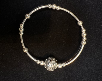 Sterling silver tube beads Bali focal bead round silver beads stretch boho stackable bracelet