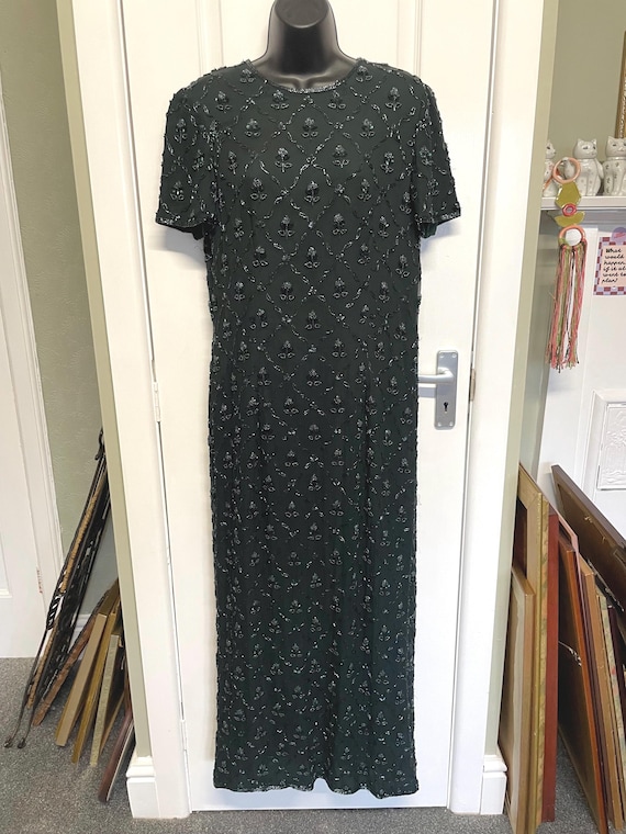 Vintage 90s Monsoon Beaded Silk Maxi Dress – Dark Forest Green Evening Gown