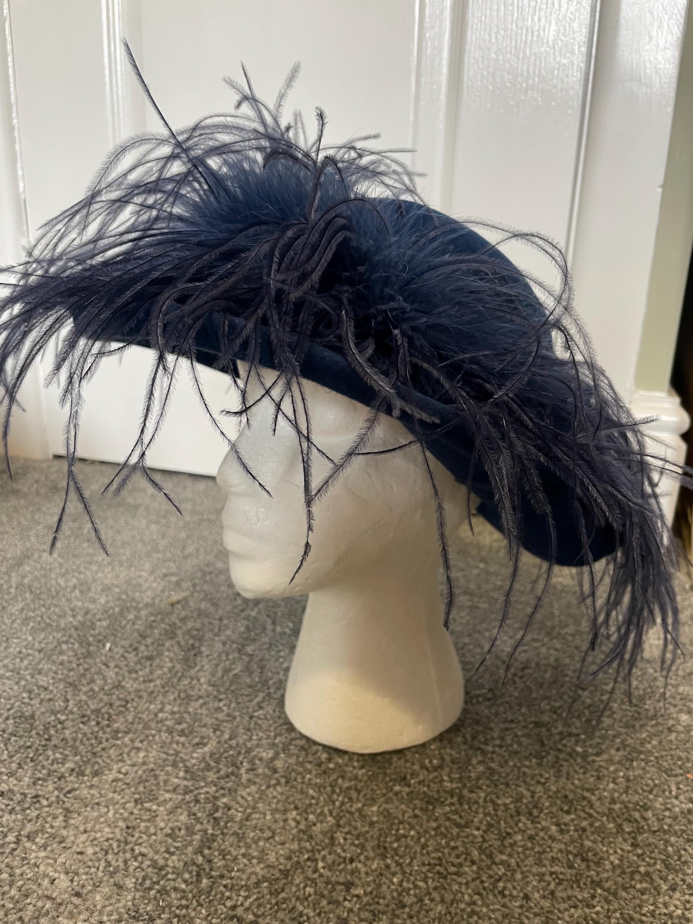 MR. JOHN 1950s Wool Couture Hat Blue Feather Fascinator Vintage Old Hollywood A true statement piece from the golden age of glamour  main image 4