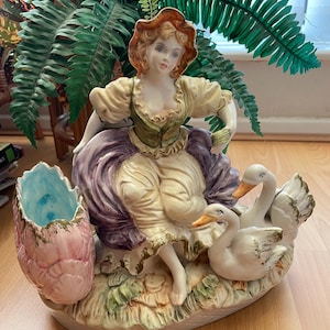 Rare Vintage Capodimonte XL Romantic female Figure Porcelain Swan Planter Kitsch Italian